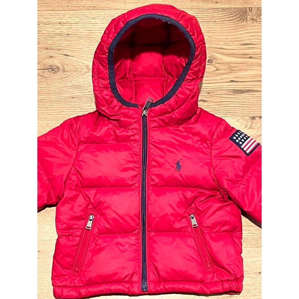 Ralph Lauren Puffer Jacket Kids 9M Red Coat American Flag Down Filled Hooded